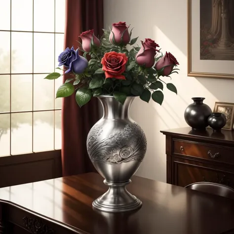 there is a vase with roses in it on a table