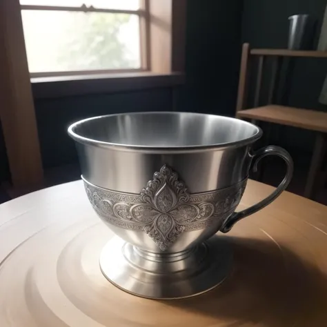 a shiny silvercarvingcd cup, <lora:silvercarvingcd-000006:0.6>, silvercarvingcd with shiny, no humans, high quality, masterpiece, realistic, photorealistic, long-focus, indoors, light, on table