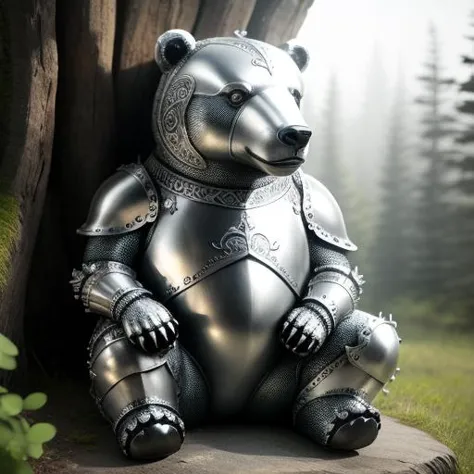 a shiny armour-bear, solo, <lora:silvercarvingcd-000006:0.6>, silvercarvingcd with shiny, no humans, high quality, masterpiece, realistic, photorealistic, long-focus, outdoors, full body, sitting,