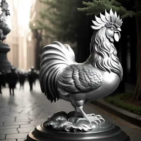 a statue of a (shiny:1.2) rooster, (solo:1.3), <lora:silvercarvingcd-000006:0.7>, silvercarvingcd with shiny, no humans, high quality, masterpiece, realistic, photorealistic, long-focus, outdoors, (light:1.2)