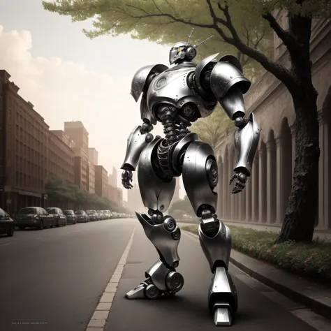 a close up of a robot standing on a city street