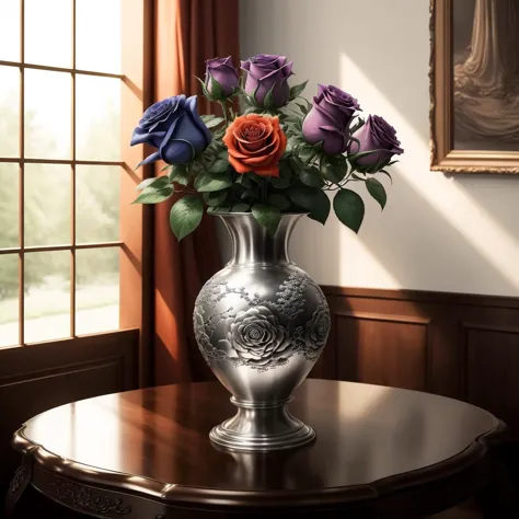 the colourful roses are in the vase, shiny silvercarvingcd vases, (solo:1.2), <lora:silvercarvingcd-000006:0.7>, silvercarvingcd with shiny, no humans, high quality, masterpiece, realistic, photorealistic, long-focus, indoors, light, on table