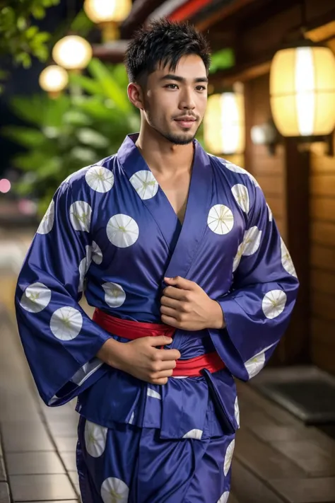 arafed asian man in a blue kimono standing in a courtyard