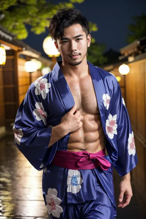 a gay man, sexy, muscular, strutting outdoors, gorgeous detailed eyes, detailed face, scruffy stubble, pouring rain, outdoors, (yukata outfit:1.5), (open clothes:1.5),  with bulge, bokeh, depth of field,
 <lora:bulgeJ8_concept-000004M:0.7>