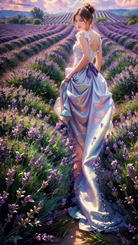 a painting of a woman in a dress walking through a lavender field