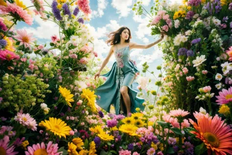 a woman in a blue dress standing in a field of flowers