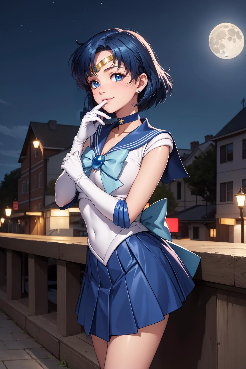 masterpiece, best quality, highres, absurdres, ultra detailed, pretty eyes,
mer1, tiara, sailor senshi uniform, blue sailor collar, bow, knee boots, choker, white gloves, blue choker, elbow gloves, jewelry, earrings, blue skirt
blowing kiss, cowboy shot, night, outdoors, moon, smile, city,
