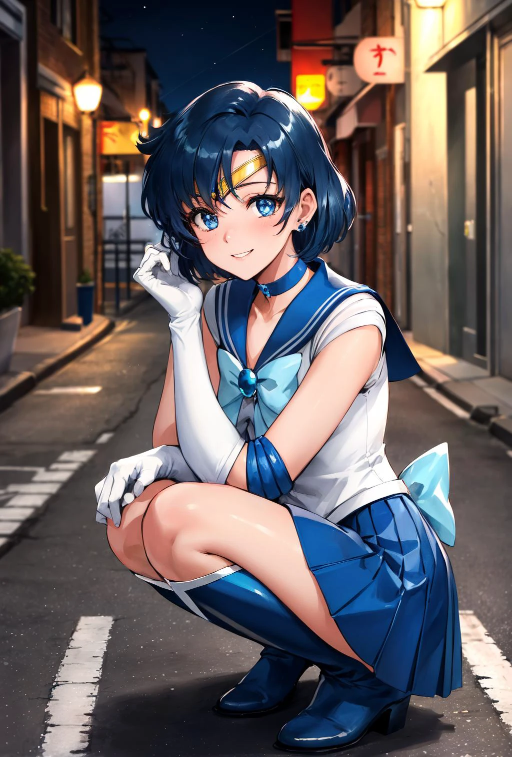 Meisterwerk, beste Qualität, highres, mer1, Tiara, Sailor Senshi-Uniform, blauer Rock, blauer Matrosenkragen, Tiara, Bogen, Kniestiefel, Halsband, Weiße Handschuhe, blue Halsband, elBogen gloves, Schmuck, Ohrringe, Faltenrock, draussen, Straße, Nacht, Horizont, Porträt schließen, Straße, Straße maker,  Hocken,  großes Lächeln