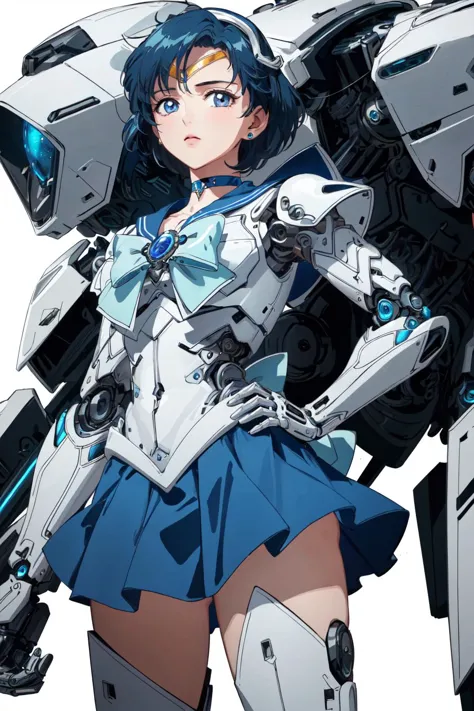 (((masterpiece))), (((best quality))), ((ultra-detailed)), (1mechanical girl:1.4), mer1, tiara, sailor senshi uniform, blue skirt, blue sailor collar, tiara, bow, knee boots, choker, white gloves, blue choker, elbow gloves, jewelry, earrings, pleated skirt,  (headgear:1.2), (cyborg:1.2), (machanical limbs:1.4), mecha musume, full armor, perfect skin, standing, hand on hip, look at viewer, white background, intricately detailed face, intricately detailed eyes, official art, professional photography, character focus, intricate detail, sophisticated detail, (depth of field:1.2),perfect hands, detailed photorealistic background, photorealistic, high contrast, solo, (body shot:1.2), from below, nsfw, <lora:mercury_v2:0.7>,  <lora:A-Mecha-REN[color_theme,mecha musume, mechanical parts, robot joints,headgear,full armor]:0.7> <lora:FINAL  Robort:0.4>