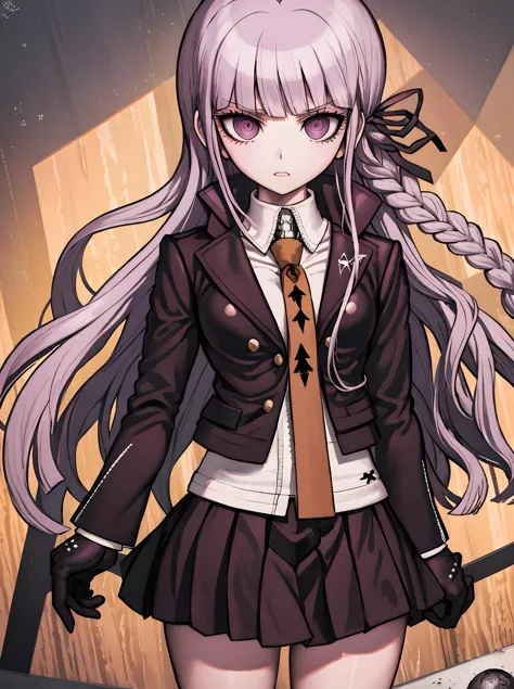 <lora:kirigiri_kyoko_v1:1>, aakyoko,  danganronpa \(series\), long hair, purple hair, side braid, blunt bangs, hair ribbon, black ribbon, high collar, brown necktie, black jacket, open clothes, long sleeves, black gloves, black skirt, pleated skirt, <lora:KomatsuzakiRuiV2:0.6>,