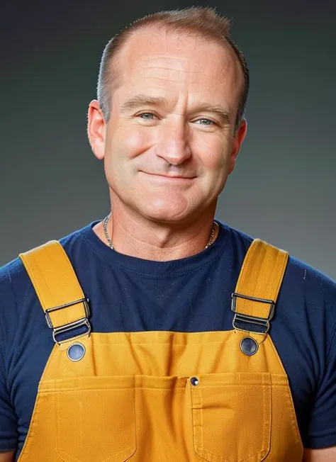 a close up of a man wearing overalls and a blue shirt