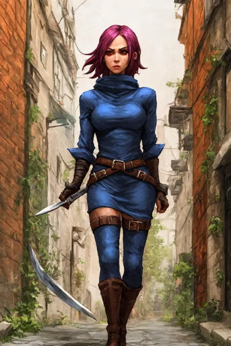 1woman wearing a rogue thief outfit, standing threateningly, knives out, in a dark alleyway