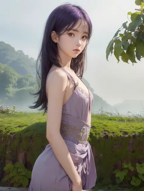 <(masterpiece, realistic:1.3), (extremely intricate:1.2)>, 1girl, standing, windblown purple hair, long hair, school outfit, neck, small waist, thin arms, atmospheric fog, ray tracing, plants, cinematic light, rim lighting, ultra high res, best shadow, <lora:iuftw:0.75>