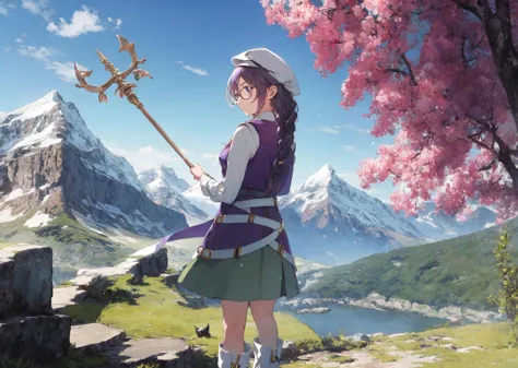 anime girl with a sword standing on a mountain top