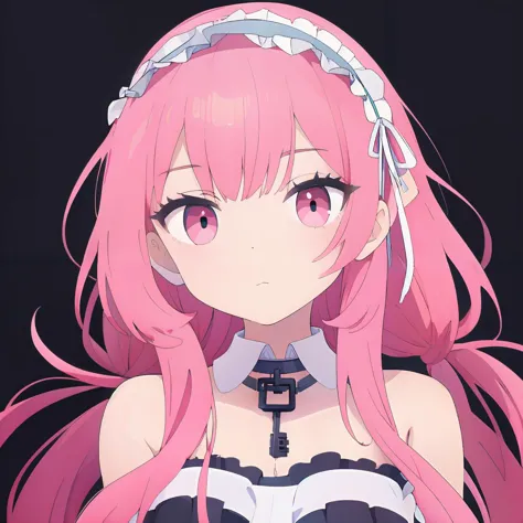 pink hair,(((key necklace))),hairband,upper body,white dress,white thighhighs,angel wings,large breasts,absurdly long hair,detached sleeves