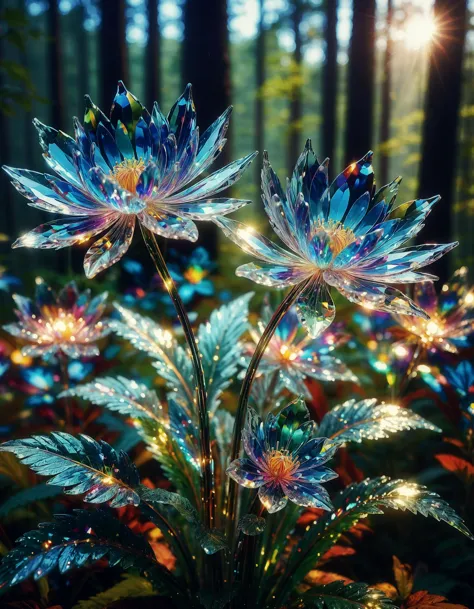 intricate luminescent flowers made of crystal glass, glossy, ral-crztlgls, multiple color rays, in mystique forest, refraction o...