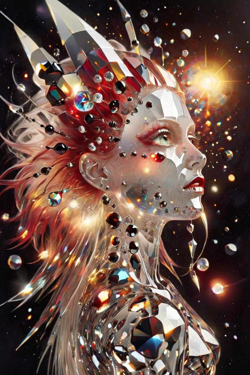 Représenter une femme extraterrestre abstraite en cristal, Long:3 cheveux cristallins rouges fluides, yeux rubis et obsidienne, regarder de côté, profil, trou noir, hyperespace, explosions de cristaux en arrière-plan, gravité quantique, Un art envoûtant, profondeur, perspective linéaire, auréole jaune, formes triangulaires dans l&#39;espace, style de sérigraphie, hallucination vive, métamorphose, se métamorphoser, se métamorphosering,  ambiance immersive, art immersif, Ali Banisadr + Piet Mondrian + Rendu Salvador Dali Cimema4D, verre:2 ral-crztlgls