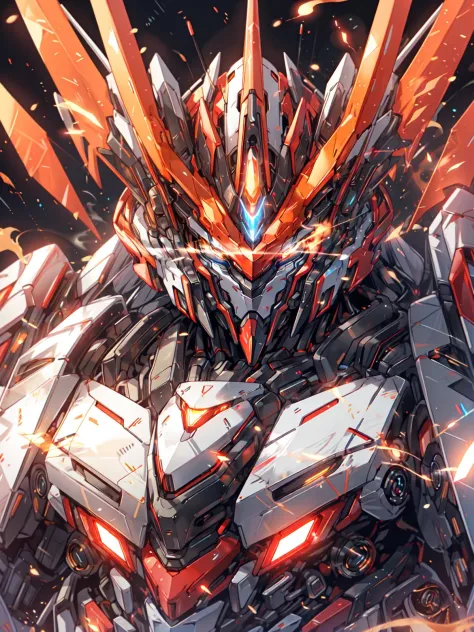 nijimecha,red mecha,robot,no humans,solo,science fiction,looking at viewer,glowing,yellow eyes,straight-on,v-fin,glowing eyes,mobile suit,portrait,close-up,upper body,orange eyes,embers,super robot,looking down,glowing eye,artist name,horns,head tilt,blue eyes,1girl,from above,smoke,wings,looking ahead,mechanical wings,shiny,machinery,single horn,sparks,signature,blurry,long hair,black background,<lora:nijimecha-p8:0.7>,