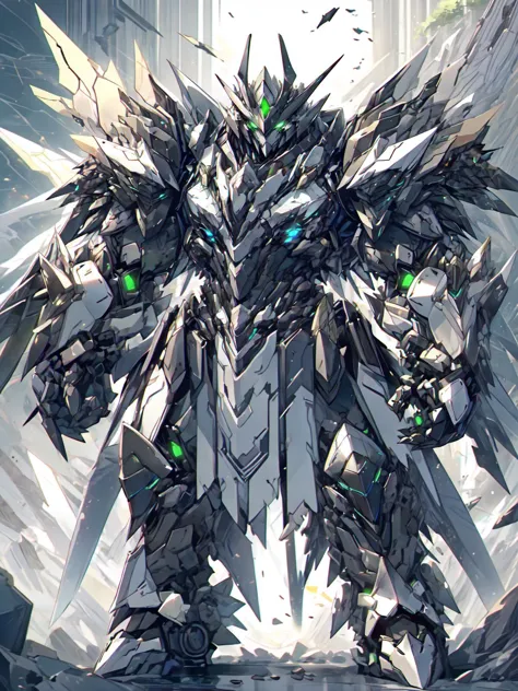 solo,masterpiece,<lora:add_detail:0.3>,<lora:nijimecha2:1>,nijimecha,Silver and black heavily armored mech with green eyes,glowing eyes,thick limbs,heavy armor,intricate details,