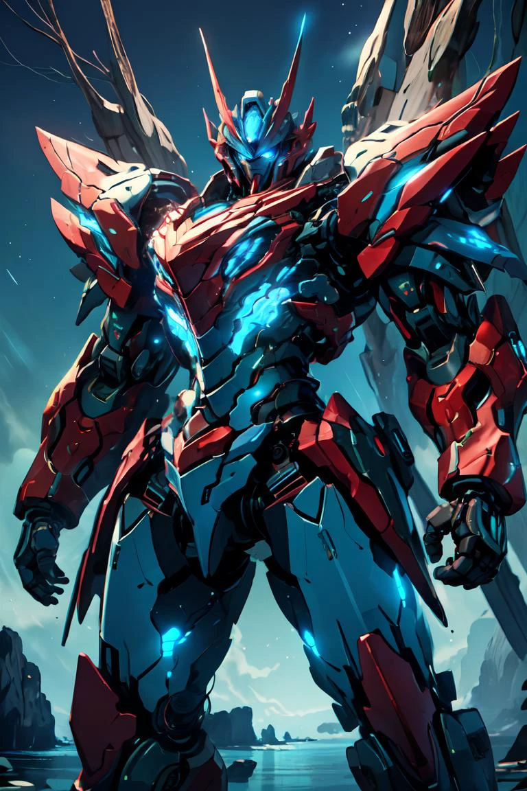 nijimecha,red mech standing in an endless sea,deep sea,mech with heavy armor,thick limbs,energy core,power armor,full armor,best quality,masterpiece,no human being,v-fin,blue theme,