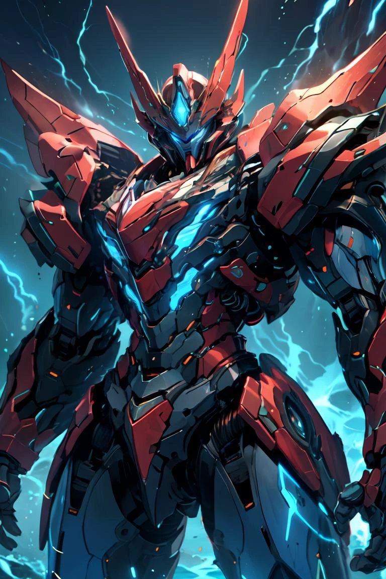 nijimecha,red mech standing in an endless sea,deep sea,mech with heavy armor,thick limbs,energy core,power armor,full armor,best quality,masterpiece,no human being,v-fin,blue theme,