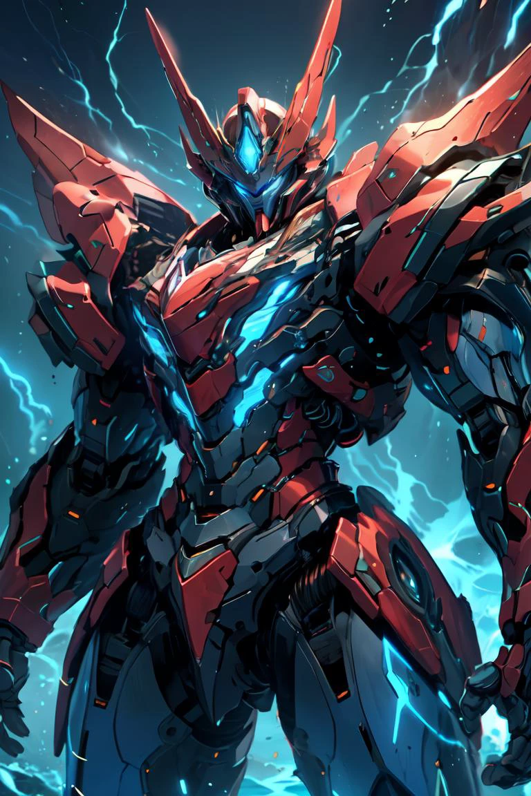 nijimecha,mech rojo parado en un mar infinito,Mar profundo,mech con armadura pesada,extremidades gruesas,núcleo de energía,armadura de poder,Armadura completa,mejor calidad,Obra maestra,ningún ser humano,V-end,tema azul,