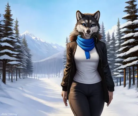 ((masterpiece)), hyper realistic, best quality, ((intricate details)),  foxovh honovy hioshiru personalami, front view
BREAK
a beautiful and detailed portrait of a female walking in the middle of a boreal forest covered in snow ((Alaskan Timber wolf)),((fluffy detailed fur)) , winter landscape 
detailed snoot, (large detailed blue eyes), human like eyes,, muscular thighs, (pink beanie), (blue scarf), thick thighs, 
BREAK
(closed jet black snow coat) , (grey ski pants), seducing smile, (path), mountains, trees, clouds, snow, (smile), happy, black clothing, white hands, black fur, grey body, solo, , teeth, single tail, looking at viewer, multicolored body,