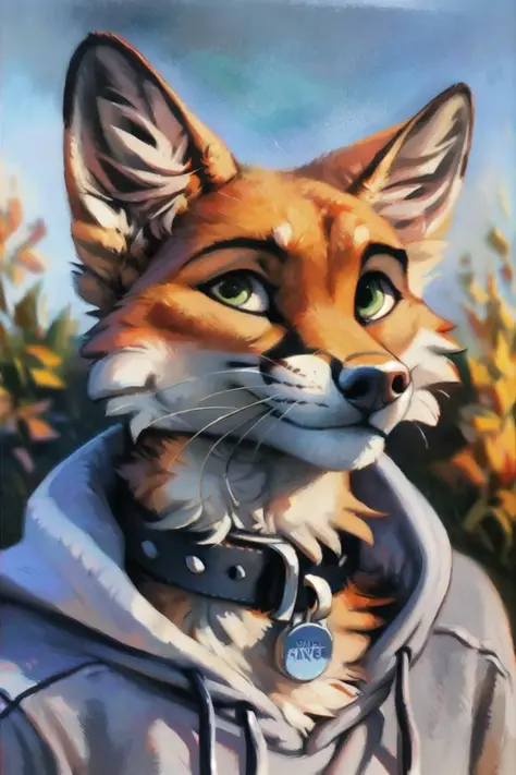 a beautiful and detailed portrait of a male fox, masterpiece, kenket, oil painting,detailed face, blue jeans, gray hoodie,  gray...