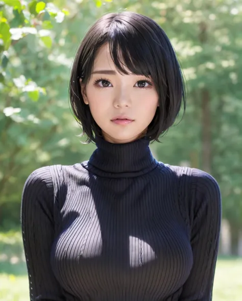 pureerosface_v1:0.3, best quality, photorealistic, 8k, high res, full color, 1girl, woman, 20 years old woman, (closed mouth:1.2), (skindentation), (portrait:0.6), trees, park bench, daylight, ((park background:1.52)), full color, ((necksweater:1.68)), straight-looking at viewer:1.8, (1girl eyes looking at viewer:1.55), (short-length hair, blackhair, partedhair:1.45), (bokeh), <lora:AAV-airi:0.7>