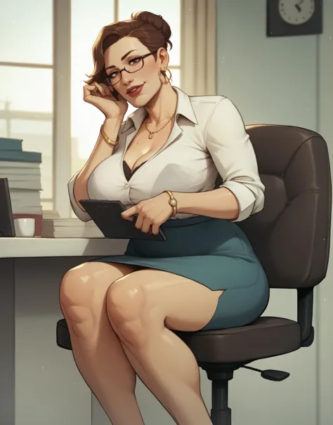 mature businesswoman sitting in office looking at viewer <lora:DevilHSXL:1> BREAK, score_9, score_8_up, score_7_up, score_6_up, score_5_up, score_4_up,