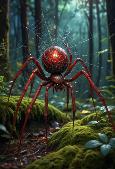 (medium full shot) of (mystical spider) with a red patterned exoskeleton, large size, smooth legs with pointed tips, sparkling w...