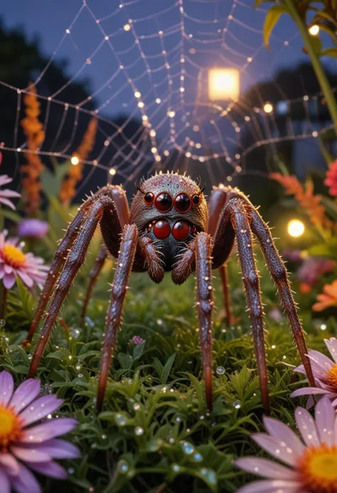 (medium full shot) of (dazzling spider) with a brown bulky frame with sleek design, small size, spiky legs with sharp claws, sti...