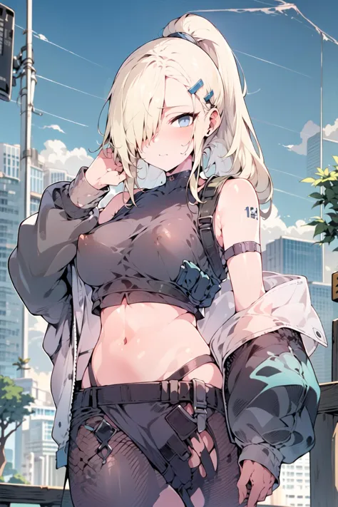 1girl, standing, upper body, facing viewer, looking away, (left hand behind the head:1.4), mature women, tall female, blonde hair, long hair, high ponytail, hair over one eye, hairclip, cyberpunk, techwear, choker, midriff, bare shoulder, sideboob, Poking ...