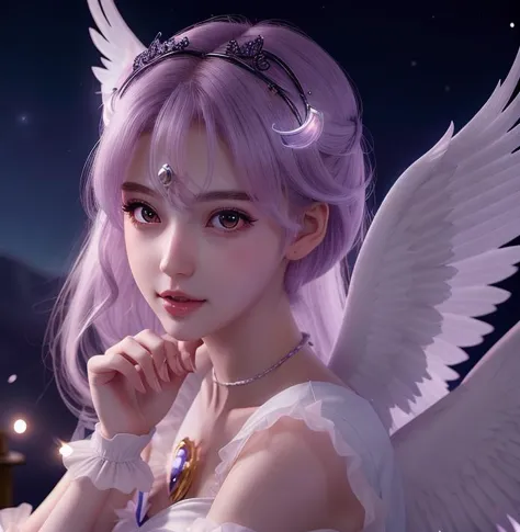 1girl, eternal sailor moon, night sky, cherry blossoms, detailed face, face focus, shiny skin, game cg, nigh sky, moonlight, moon, (wings 1.5), white gloves, magical girl,