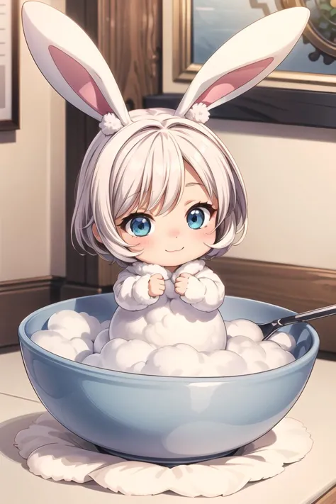 anime girl in a bowl with a spoon and a bowl of soap