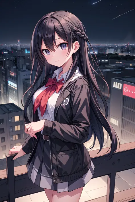 anime girl with long black hair standing on a balcony overlooking a city