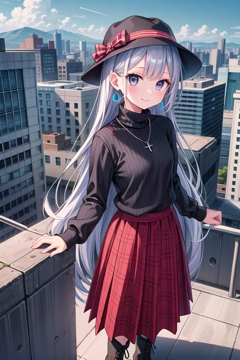 anime girl with long white hair and a black hat standing on a ledge