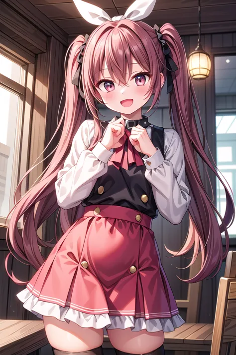 insanely detailed, absurdres, ultra-highres, ultra-detailed, best quality,
1girl, solo, nice hands, perfect hands
BREAK
jirai kei,thighhighs, skirt, twintails, pink skirt, collar, bow, black thighhighs, black bow, long hair, pink bow, hair bow, spiked collar
, (cleavage:-1.5)
BREAK
happy smile, laugh, open mouth
BREAK
45 angle,
standing, cowboy shot, looking at viewer
BREAK
slender, kawaii, perfect symmetrical face, ultra cute girl, ultra cute face, ultra detailed eyes, ultra detailed hair, ultra cute, ultra beautiful
BREAK
in restaurant, depth of field, ultra detailed background
BREAK
medium large breasts
BREAK
brown hair, brown eyes, topknot, hair between eyes