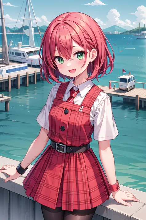 insanely detailed, absurdres, ultra-highres, ultra-detailed, best quality,
1girl, solo, nice hands, perfect hands
BREAK
(nsfw:-1.5),
(Enchant:1.4), (red theme:1.5), ((red plaid pattern, tone on tone):1.4), (idol uniform:1.2), (fusion of sleeveless (red plaid pattern) vest and red sundress:1.4), (red tie:1.4), ((red plaid pattern) multi-layered skirt with ruffles:1.3), ((red:1.3) platform HIGH boots:1.1), (red plaid pattern ribbon on head:1.3)
BREAK
(short sleeve white collared-shirt dress layering:1.2), (black pantyhose:1.2), (belt:1.3), (wristband:1.3), (naked skin:-1), (black vest:-1), (white vest:-1), (black skirt:-1), (white skirt:-1), (cleavage:-1.5)
BREAK
happy smile, laugh, open mouth,
from above,
cute pose, cowboy shot, looking at viewer
BREAK
slender, kawaii, perfect symmetrical face, ultra cute girl, ultra cute face, ultra detailed eyes, ultra detailed hair, ultra cute, ultra beautiful
BREAK
(bay, sea, harbor, bay side:1.4), (cityscape in tokyo:1.3), buildings, day, blue sky, panorama view, outdoor, (indoors:-1.3), (day:1.3), (evening:-1.5), (night:-1.5), depth of field, ultra detailed background, (very wide, panorama view, sense of depth, magnificent view:1.3)
BREAK
medium large breasts
BREAK
red hair, green eyes, messy hair, hair between eyes