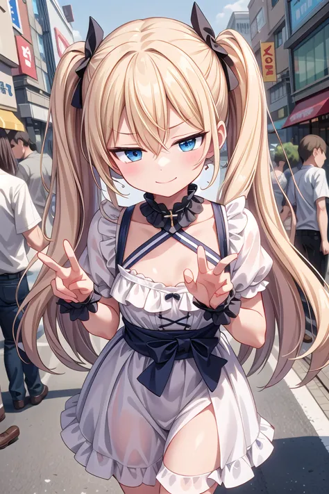 <lora:sensualface_type1_v3:1>
insanely detailed, absurdres, ultra-highres, ultra-detailed, best quality
1girl, solo, nice hands, perfect hands
BREAK
white dress, (wearing harajuku-style coordinate)
BREAK
evil seductive smile, closed mouth
BREAK
cute pose, cowboy shot
BREAK
slender, kawaii, perfect symmetrical face, ultra cute girl, ultra cute face, ultra detailed eyes, ultra detailed hair, ultra cute, ultra beautiful
BREAK
in harajuku, shibuya, tokyo, street, crowd, cityscape
BREAK
(blonde hair, blue eyes), twintails, hair between eyes