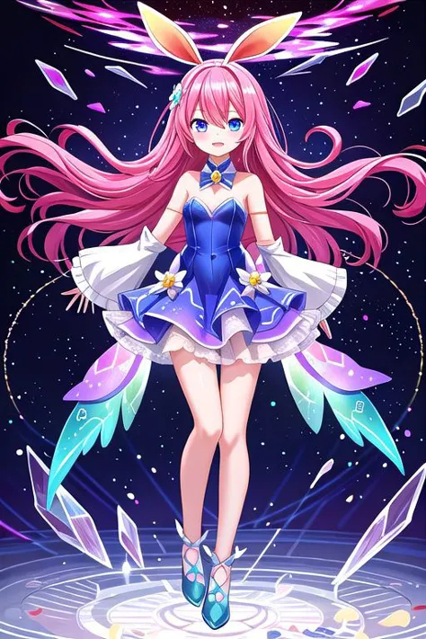 a girl in a blue dress with pink hair and ears