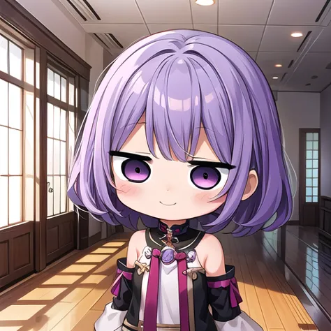 anime character with purple hair and purple eyes in a room