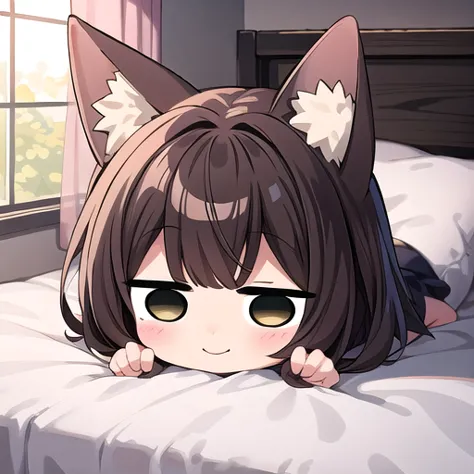 anime girl laying on bed with cat ears and eyes