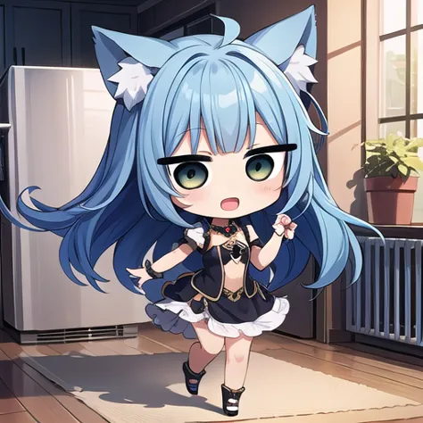 anime girl with blue hair and cat ears running in a kitchen