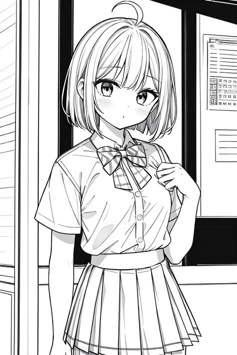 masterpiece, best quality, 1girl, solo, long_hair, looking_at_viewer, monochrome, lineart,
<lora:animeLineartMangaLike_v30MangaLike:0.8>,
in schoolyard, summer school uniform with bowtie, (shirt:1.4), (pleated skirt:1.3), (bowtie:1.4), short sleeves,,  (short bob cut),  (single ahoge),