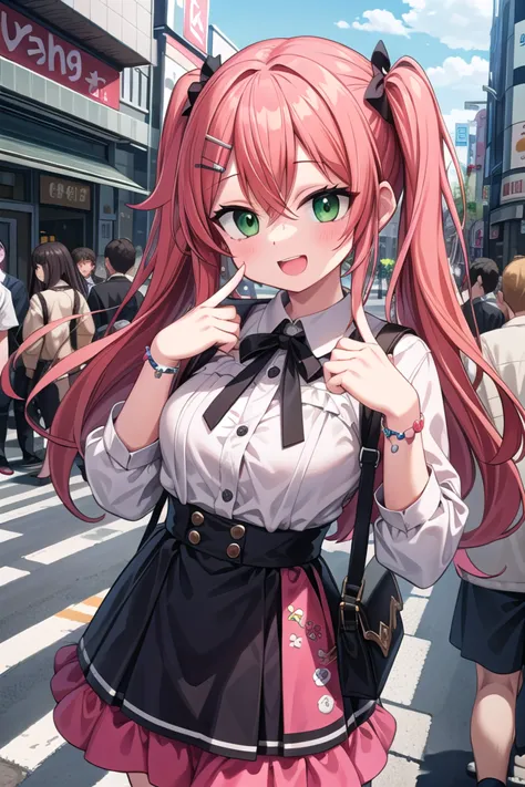 anime girl with long pink hair and green eyes in a city