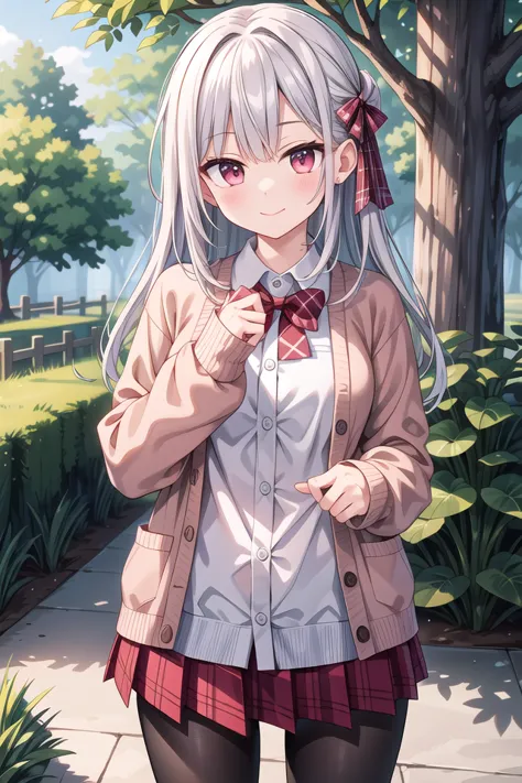 anime girl with long white hair and a bow tie