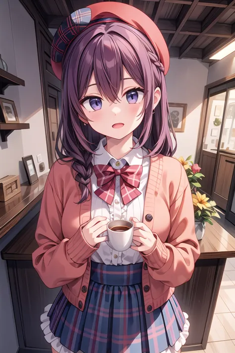 anime girl in a pink jacket holding a cup of coffee