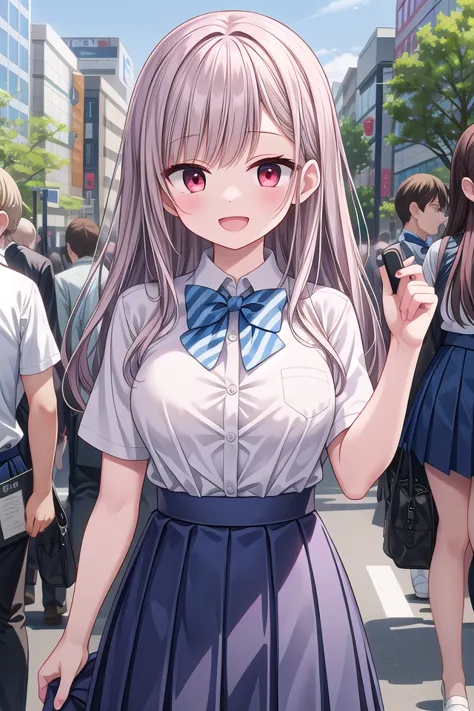 anime girl in a school uniform standing in a crowded street