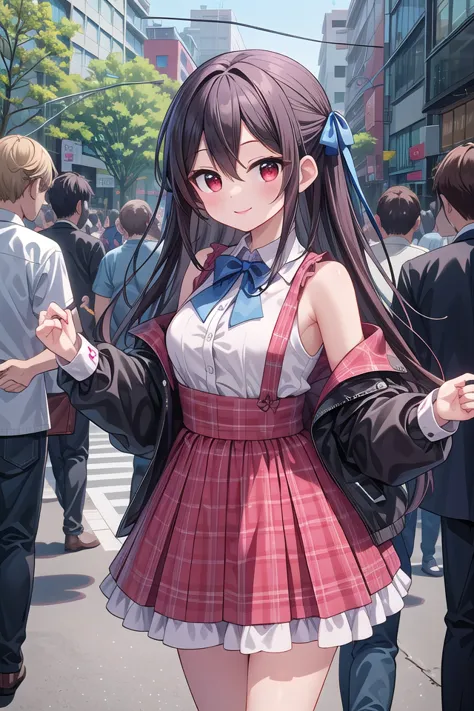 anime girl in a school uniform walking down a crowded street